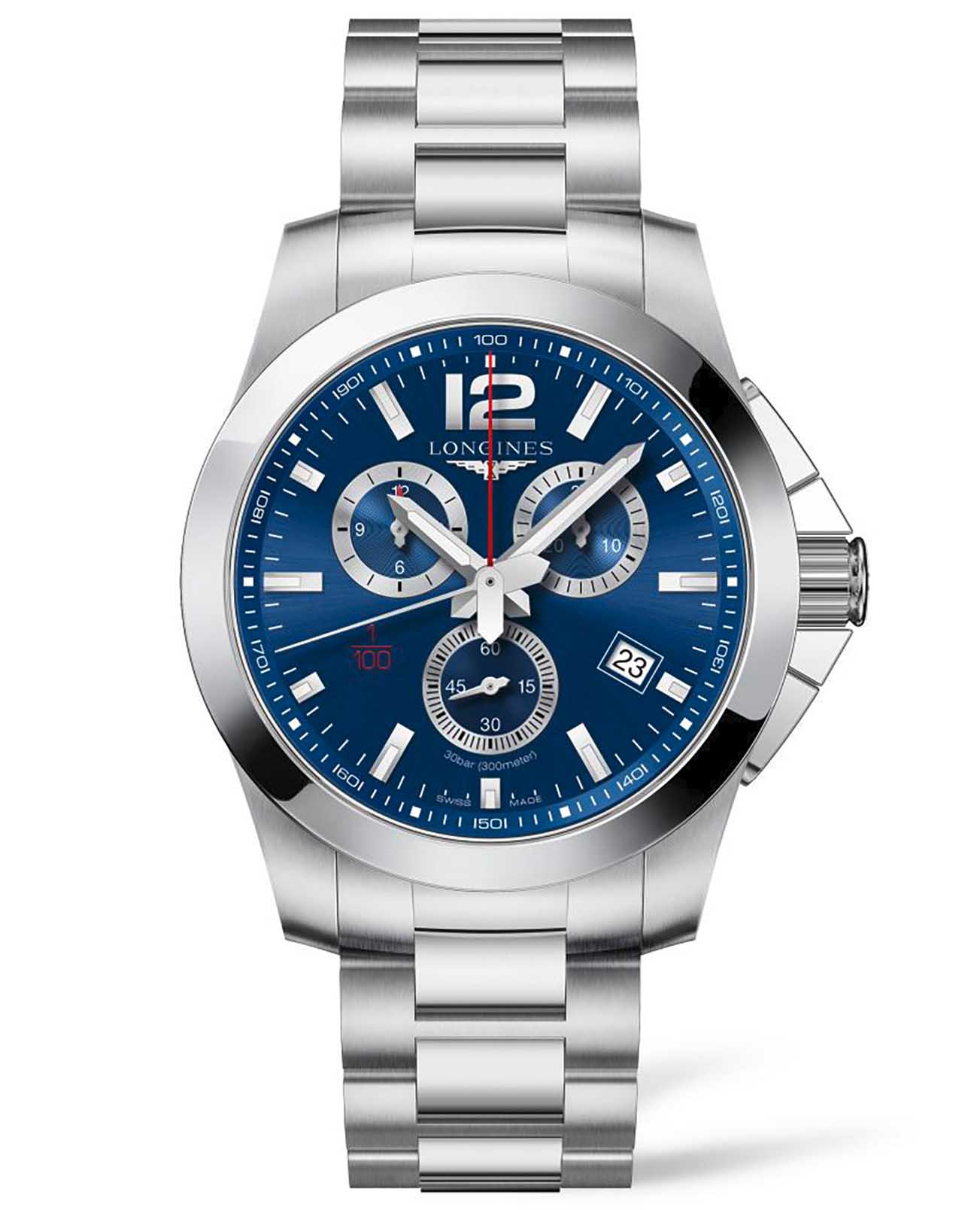 Longines Longines Conquest L3.800.4.96.6  L38004966 кварцевые мужские часы синий циферблат, браслет нержавеющая сталь — вид спереди